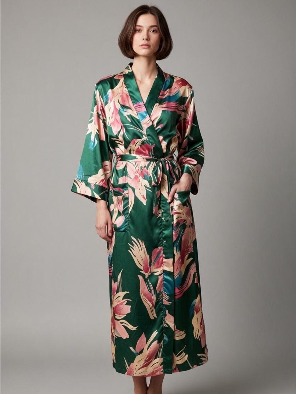 Stars Above Robe Women XS/S Green Tropical Foliage Satin Long Kimono Excellent - Picture 1 of 6